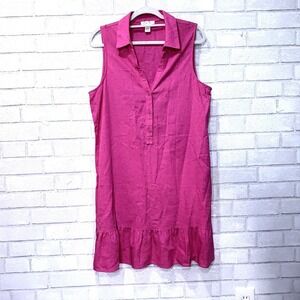 London Times Linen Blend Shirt Dress Sz 14 Ruffle Hem Coastal Preppy New England